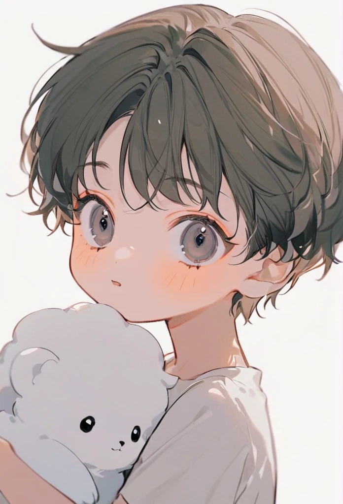 soft line, cute boy, child，image of 🤍໒꒱·̩͙ , white background、
Fluffy short hair、Dark Eyes、