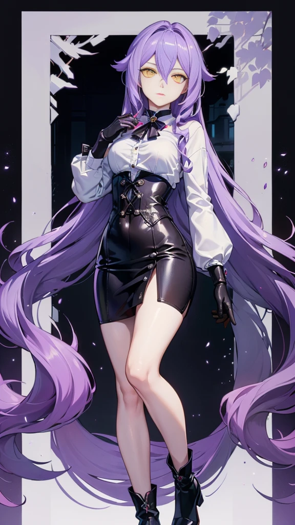 ((Masterpiece)),(( The best quality)), (detailed), expressive eyes, (Perfect face), 1 girl, (standing), (Sirin, Honkai Impact), (long purple hair), (yellow eyes, ojos detaileds), (sensual lips), (serious expression), (slim build), View from the front, carries giant scissors on his back, choker:1.6, (White collar button-down shirt with white long sleeves), Black gloves, gloves that cover the hands, (black leather corset), (shiny black miniskirt), (black boots), path, dark forest, night, moonlight