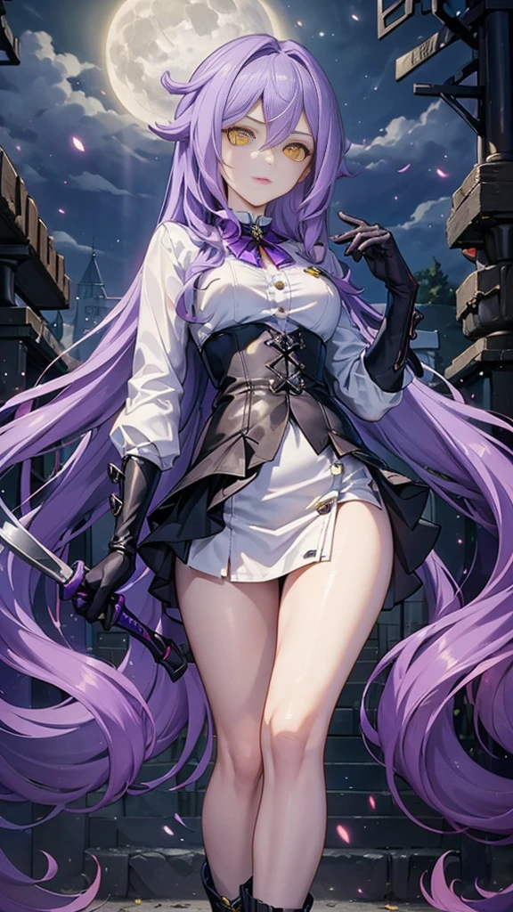 ((Masterpiece)),(( The best quality)), (detailed), expressive eyes, (Perfect face), 1 girl, (standing), (Sirin, Honkai Impact), (long purple hair), (yellow eyes, ojos detaileds), (sensual lips), (serious expression), (slim build), View from the front, carries giant scissors on his back, choker:1.6, (White collar button-down shirt with white long sleeves), Black gloves, gloves that cover the hands, (black leather corset), (shiny black miniskirt), (black boots), path, dark forest, night, moonlight