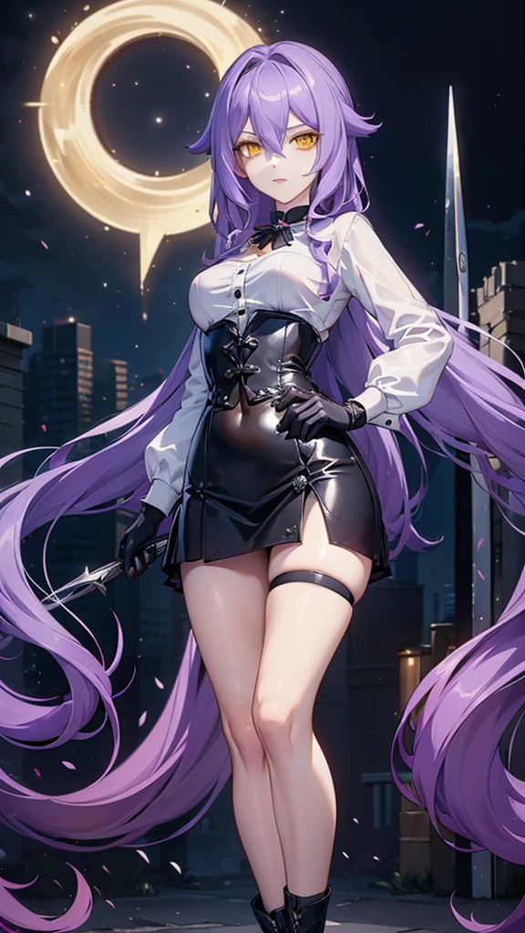 ((Masterpiece)),(( The best quality)), (detailed), expressive eyes, (Perfect face), 1 girl, (standing), (Sirin, Honkai Impact), (long purple hair), (yellow eyes, ojos detaileds), (sensual lips), (serious expression), (slim build), View from the front, carries giant scissors on his back, choker:1.6, (White collar button-down shirt with white long sleeves), Black gloves, gloves that cover the hands, (black leather corset), (shiny black miniskirt), (black boots), path, dark forest, night, moonlight