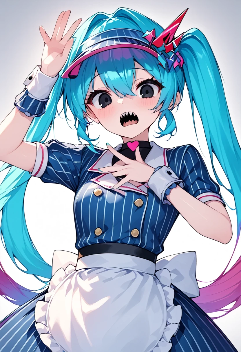 Best Quality, masterpiece、One girl, Alone,hatunemiku、Mesmerizer 、2Danime、Hatsune Miku、Blue vertical striped dress, Waist apron、Visor Cap, Wrist cuff、Score_9, Score_8_up, sauce_anime, Light blue, by Torment \(customer\) break, One girl,ミクMesmerizer, Sharp teeth, Open your mouth wide、Black Eyes