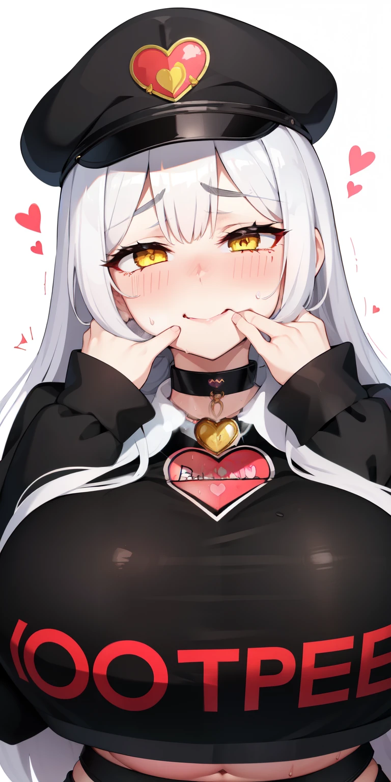 One girl,heart-shaped pupils,nail,put your hand on your face,Black Russian hat,Long white hair,Yellow eyes,(blush:1.1),choker,Upper Body,trembling,Sweat,Sweatdrop,heart,(Speed Line:1.1),Medium chest, ((Heavy breathing:1.3)), like, heart, Crop top, Happy, smile