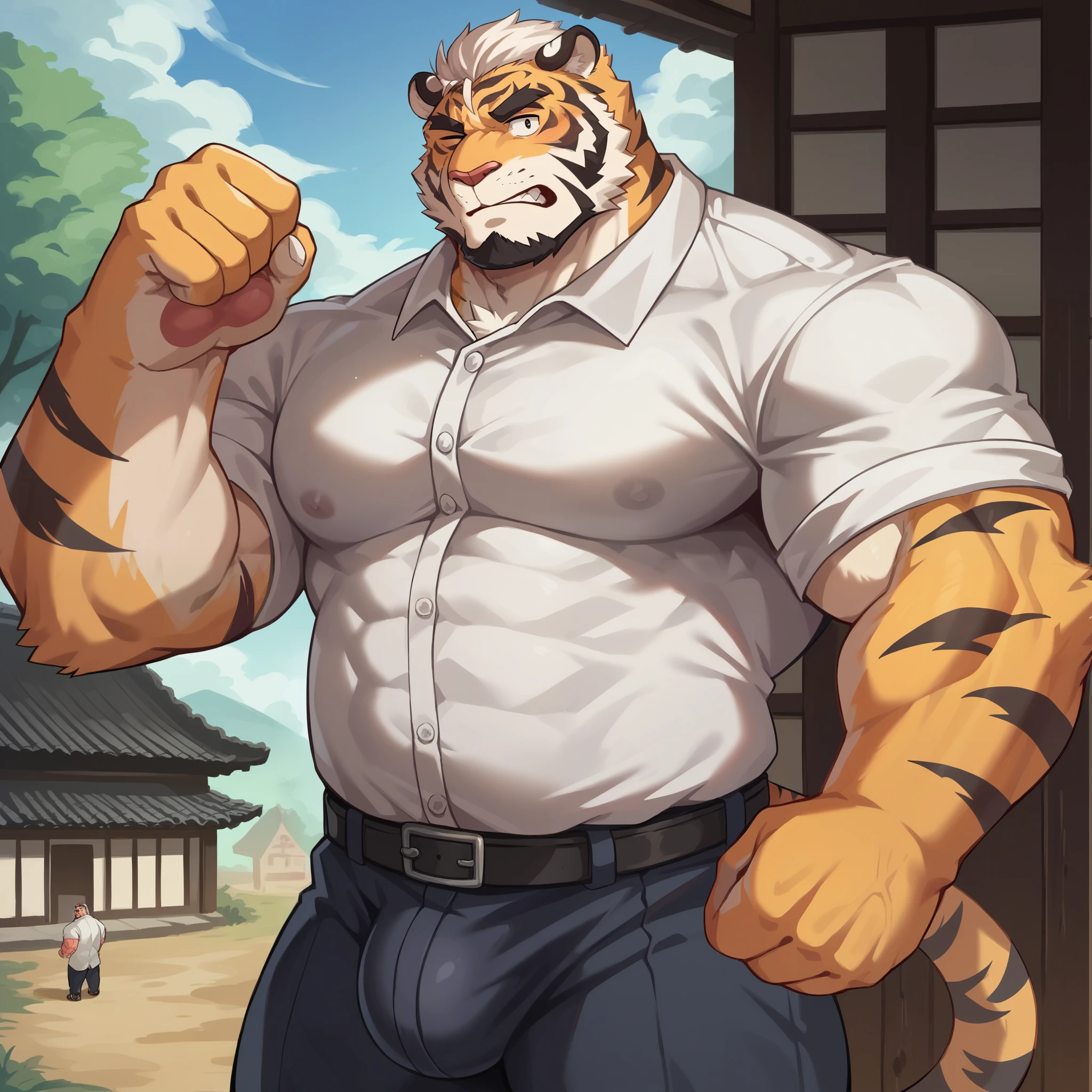 Scribble tiger face,Human(tiger),(White long shirt:1.3),Muscular,(Black eyebrows:1.1),(Close one eye),Golden fur，White hair，White belly，（Black beard:1.3），（Artist: Takemoto Arashi），Ancient town,paw，（Buttock bulge:1.3），（penis:1.4），（River Water:1.3），Standing on the bridge。