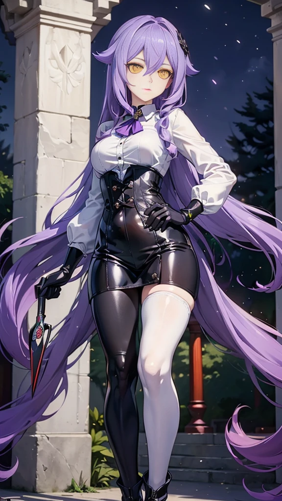 ((Masterpiece)),(( The best quality)), (detailed), expressive eyes, (Perfect face), 1 girl, (standing), (Sirin, Honkai Impact), (long purple hair), (yellow eyes, ojos detaileds), (sensual lips), (serious expression), (slim build), View from the front, carries giant scissors on his back, choker:1.6, (White collar button-down shirt with white long sleeves), Black gloves, gloves that cover the hands, (black leather corset), (Black shiny leggings), (black boots), path, dark forest, night, moonlight