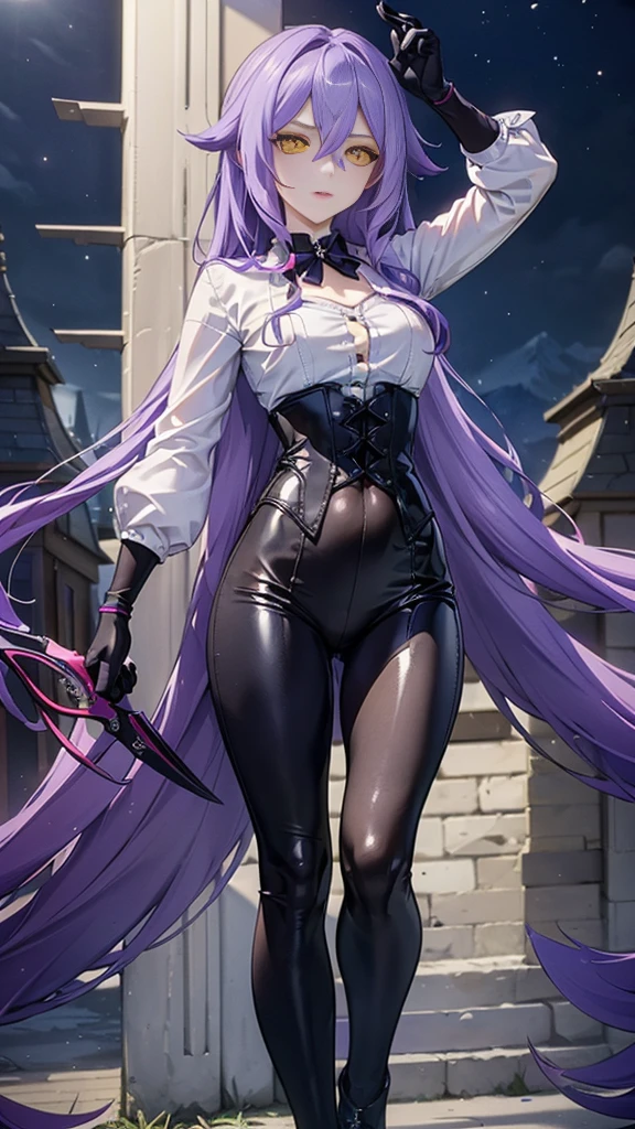 ((Masterpiece)),(( The best quality)), (detailed), expressive eyes, (Perfect face), 1 girl, (standing), (Sirin, Honkai Impact), (long purple hair), (yellow eyes, ojos detaileds), (sensual lips), (serious expression), (slim build), View from the front, carries giant scissors on his back, choker:1.6, (White collar button-down shirt with white long sleeves), Black gloves, gloves that cover the hands, (black leather corset), (Black shiny leggings), (black boots), path, dark forest, night, moonlight