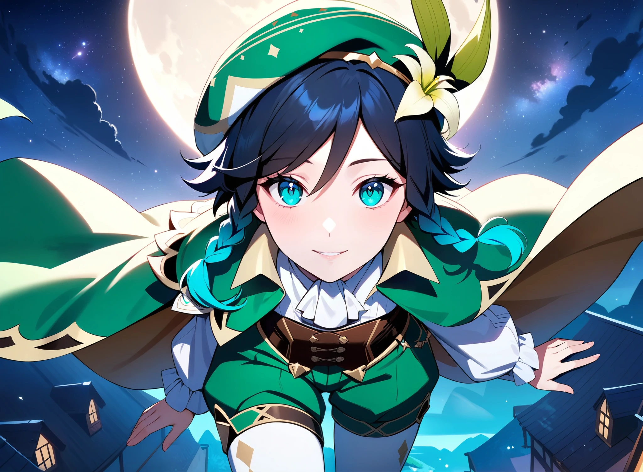 (best quality,4k,8k,highres,masterpiece:1.2),1boy,venti_\(genshin_impact\),standing on a roof in a fantasy german city,mondstadt,(face focus,detailed face and clear eyes),flat chest,realistic:.5,night time,ladyshadow,bluegreen eyes,mysterious smile,green cape,white long sleeved shirt,leather corset,(puffy green shorts),(plain white tights),green hat, dark night scene, starry sky with nebula,dark,low light,deep blue lighting,darkness,very dark,no artificial light, cowboy shot,((dark blue night))