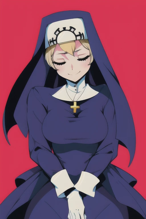 Double, short blonde hair, nun uniform, medium breasts, solo, 1girl, smiling, cowboy shot, closed eyes, 
 blue habit, cross necklace ,white gloves, long sleeves, nun, long skirt
(insanely detailed, beautiful detailed face,beautiful detailed eyes, masterpiece, best quality)heels boots, 