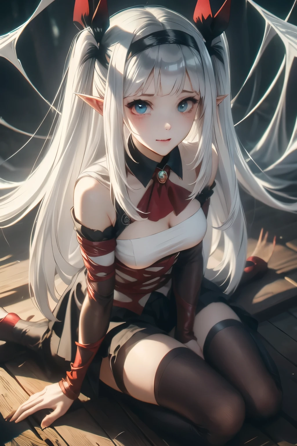 （（（ＳＦＷ、sound、Highest quality、first-clasasterpiece、Normal body、8k、Detailed face、Ultra-precision、Normal hand、Normal finger、５finger、Highest）））、A Laid-Back Farm in Another World、Lucy Lu、Vampire Princess、Vampire Princess、Great Sage Lulushi、Silver Hair、Long Hair、Twin tails、Full body view、kneel、全naked、naked、loss of clothing、Spider web bondage、Spider web all over、The whole body is wrapped in spider silk、Spider Silk Mummy、Sobbing