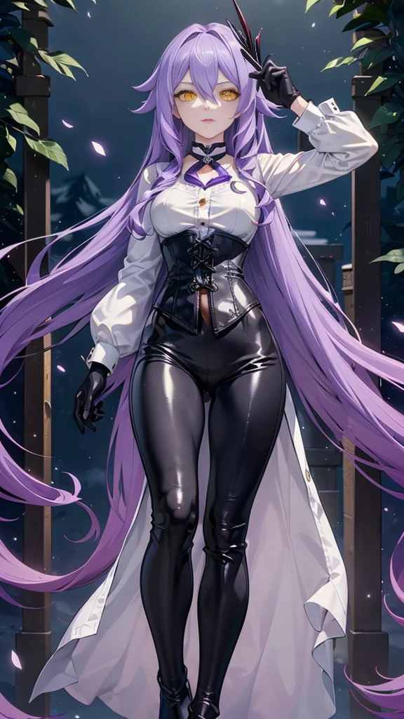 ((Masterpiece)),(( The best quality)), (detailed), expressive eyes, (Perfect face), 1 girl, (standing), (Sirin, Honkai Impact), (long purple hair), (yellow eyes, ojos detaileds), (sensual lips), (serious expression), (slim build), View from the front, carries giant scissors on his back, choker:1.6, (White collar button-down shirt with white long sleeves), Black gloves, gloves that cover the hands, (black leather corset), (Black shiny leggings), (black boots), path, dark forest, night, moonlight