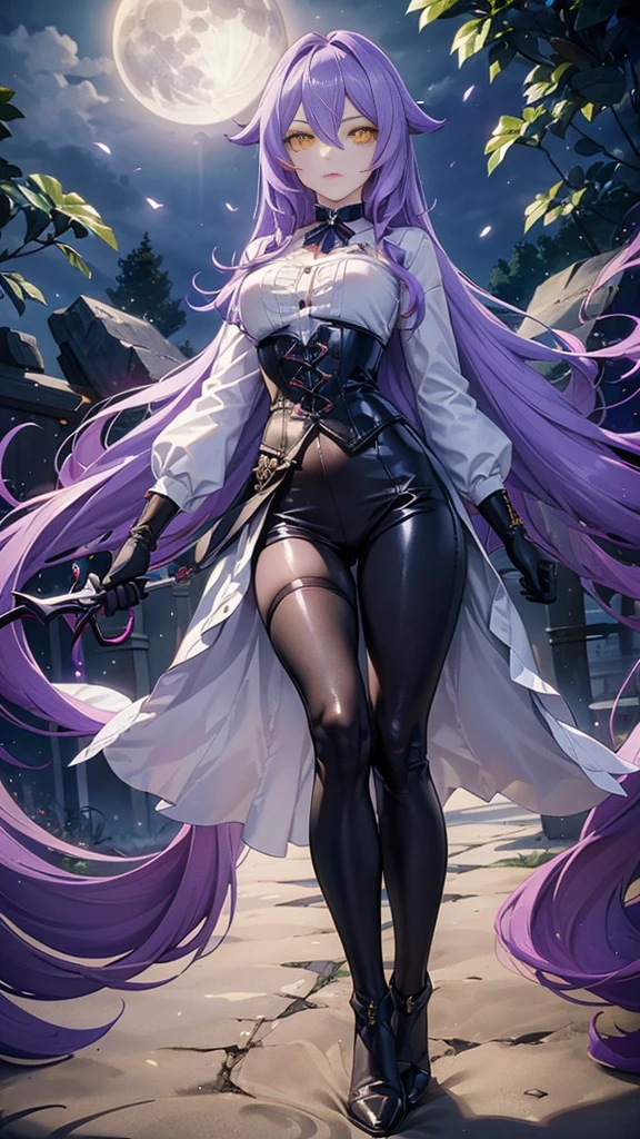 ((Masterpiece)),(( The best quality)), (detailed), expressive eyes, (Perfect face), 1 girl, (standing), (Sirin, Honkai Impact), (long purple hair), (yellow eyes, ojos detaileds), (sensual lips), (serious expression), (slim build), View from the front, carries giant scissors on his back, choker:1.6, (White collar button-down shirt with white long sleeves), Black gloves, gloves that cover the hands, (black leather corset), (Black shiny leggings), (black boots), path, dark forest, night, moonlight