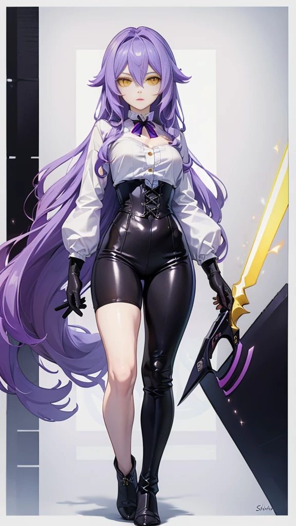 ((Masterpiece)),(( The best quality)), (detailed), expressive eyes, (Perfect face), 1 girl, (standing), (Sirin, Honkai Impact), (long purple hair), (yellow eyes, ojos detaileds), (sensual lips), (serious expression), (slim build), View from the front, carries giant scissors on his back, choker:1.6, (White collar button-down shirt with white long sleeves), Black gloves, gloves that cover the hands, (black leather corset), (Black shiny leggings), (black boots), path, dark forest, night, moonlight