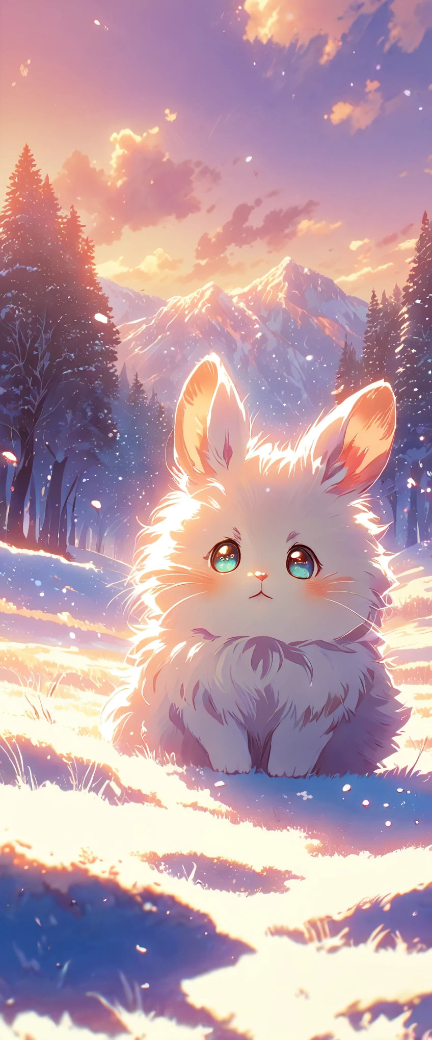 Create a close-up, animated illustration of a fluffy baby bunny sitting in a field . Emphasize the soft fur, big eyes, and twitching nose of the bunny. The background should be a gentle, highlighting the cuteness and innocence of the baby bunny, by makoto shinkai, anime beautiful peace scene, beautiful anime scene, anime background art, anime wallpaper, anime countryside , anime art wallpaper 4 k , anime art wallpaper 4k, beautiful anime scenery, anime art wallpaper 8 k, amazing wallpaper , Winter , Snow , cold ,Forest