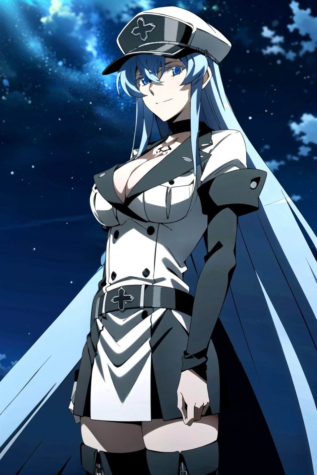 Esdeath, (light smile), breasts, large breasts, (hat), cleavage, choker, hair between eyes, (uniform), military, (military uniform), belt, (skirt), thighhighs, tattoo, (peaked cap), chest_tattoo, outdoors, night time, dark, facing the viewer, looking at the viewer, hands to sides,