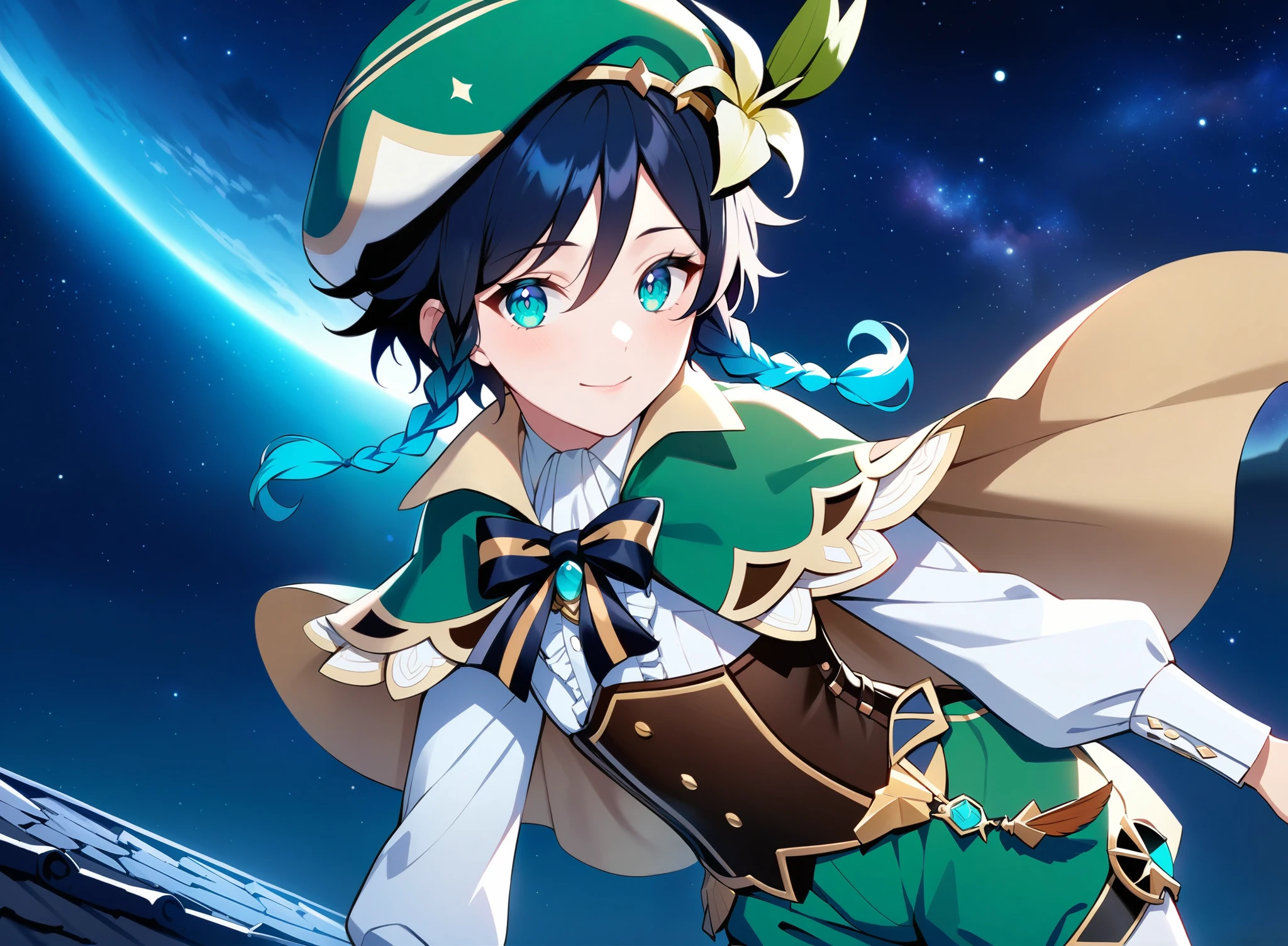 (best quality,4k,8k,highres,masterpiece:1.2),1boy,venti_\(genshin_impact\),landing on a roof in a fantasy german city,mondstadt,(face focus,detailed face and clear eyes),flat chest,realistic:.5,night time,ladyshadow,bluegreen eyes,mysterious smile,green cape,white long sleeved shirt,leather corset,(puffy green shorts),(plain white tights),green hat, dark night scene, starry sky with nebula,dark,low light,deep blue lighting,darkness,very dark,no artificial light, cowboy shot,((dark blue night))