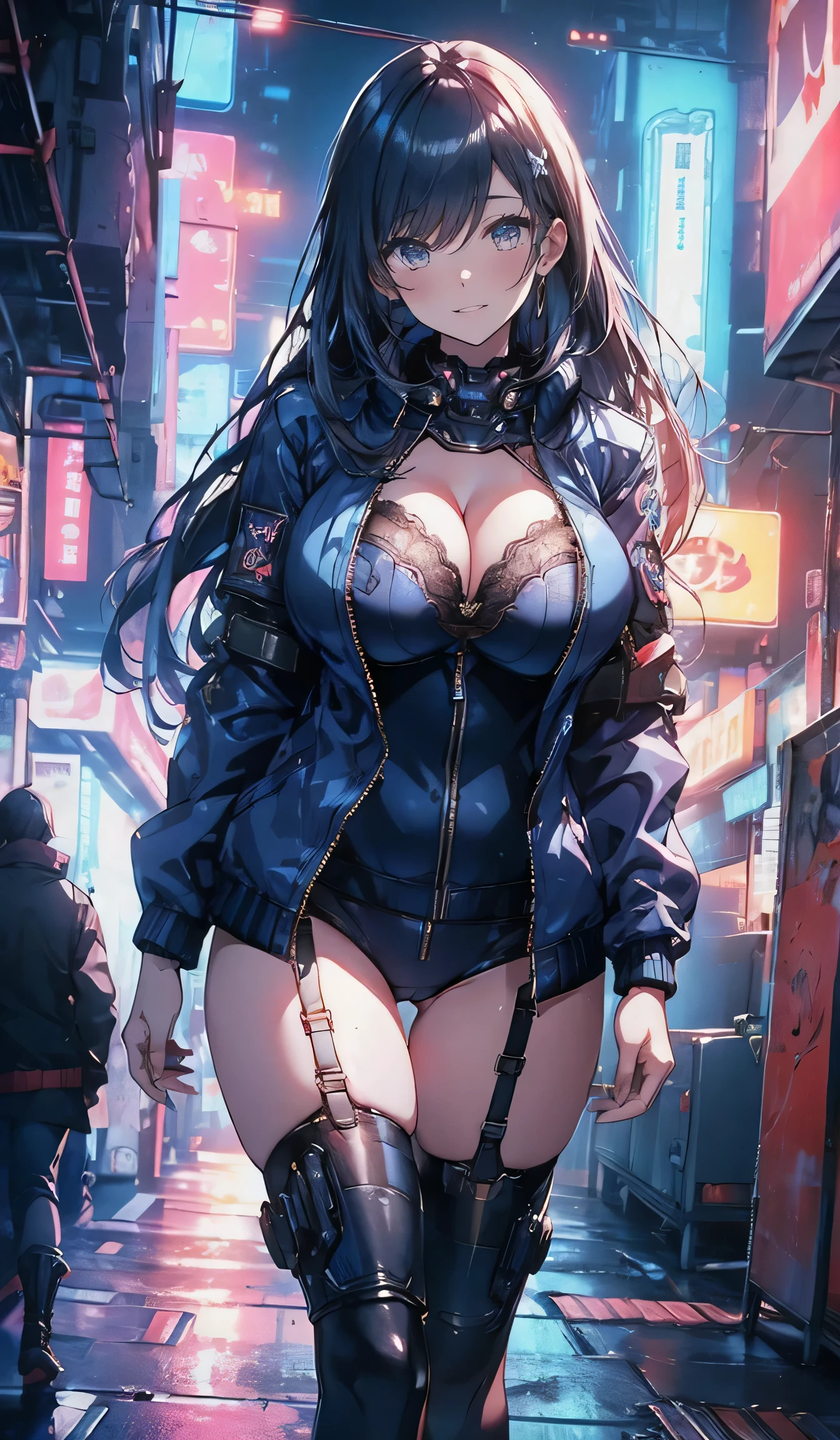Cyberpunk girl with huge breasts in lace cleavage in the city