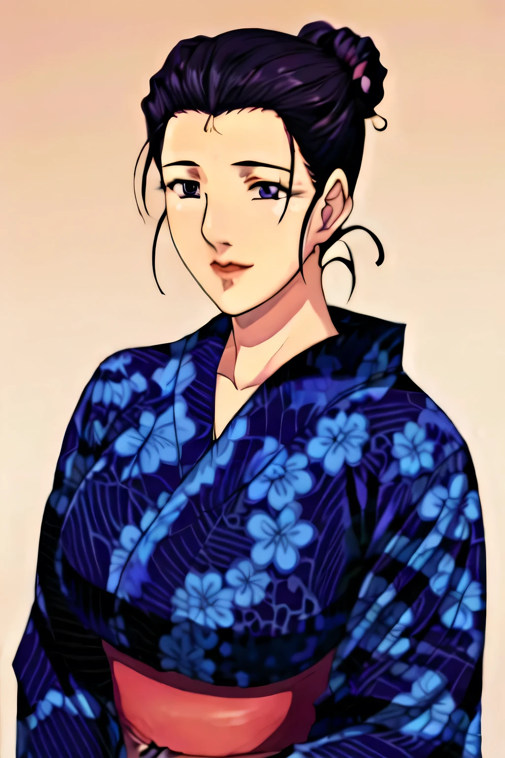 Simple Background,White Background,
purple kimono,floral print,japanese clothes,wide sleeves,long sleeves,
cleavage, 
purple eyes, black hair,bangs,hair bun,
1 girl,Young female,Beautiful long legs,Beautiful body,
Beautiful Nose,Beautiful character design, perfect eyes, perfect face,expressive eyes,perfect balance,
looking at viewer,(Focus on her face),closed mouth, (innocent_big_eyes:1.0),(Light_Smile:0.3),
official art,extremely detailed CG unity 8k wallpaper, perfect lighting,Colorful, Bright_Front_face_Lighting,White skin,
(masterpiece:1.0),(best_quality:1.0), ultra high res,4K,ultra-detailed,
photography, 8K, HDR, highres, absurdres:1.2, Kodak portra 400, film grain, blurry background, bokeh:1.2, lens flare, (vibrant_color:1.2),professional photograph,
(Beautiful,large_Breasts:1.4), (beautiful_face:1.5),(narrow_waist),big boobs, navy blue, single bun hairstyle 