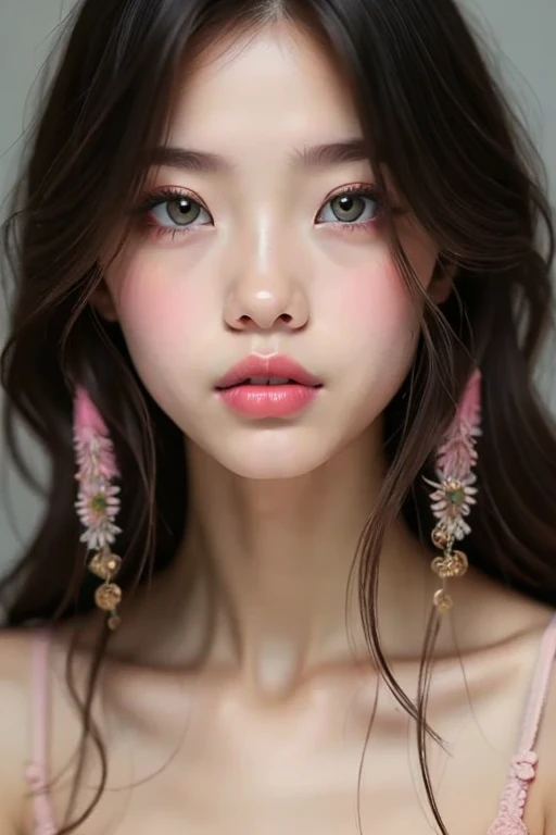 a long black hair girl with pink lips,Moist lips, Fuller lips, Light pink lip gloss for glossy lips, 