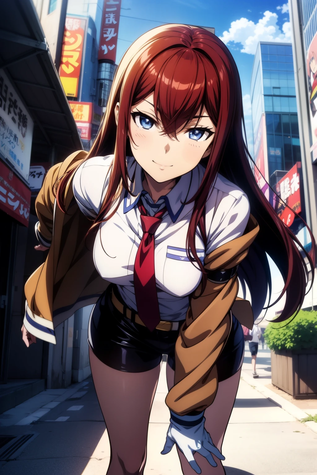 masterpiece、Best Quality、High resolution、Detailed face、((anime、anime塗り、animeカラーリング、RAW Photos)),makise kurisu,1girl, bangs, belt, blue eyes, chain, chained, gloves, ground vehicle, hair between eyes, jacket, long hair, looking at viewer, makise kurisu, necktie</input></xml>, dark blown hair, shirt, Alone, smile、Random Pause、Random Angle、Dynamic Angle、Dynamic Pose、anime背景、Akihabara