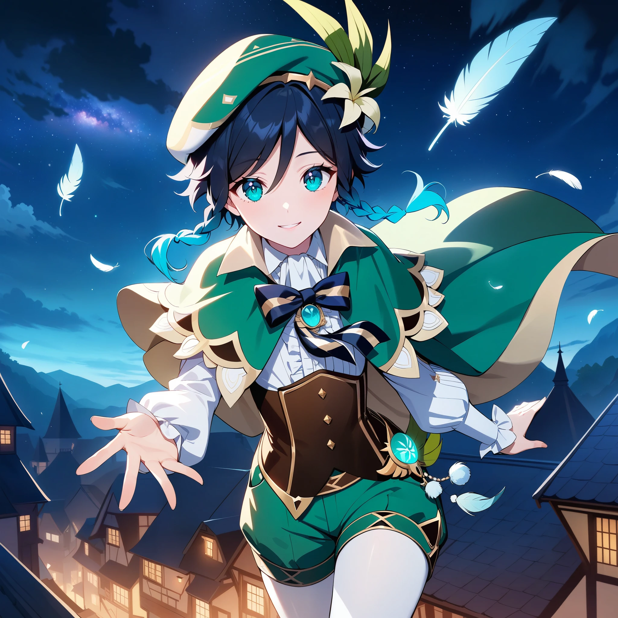 (best quality,4k,8k,highres,masterpiece:1.2),1boy,venti_\(genshin_impact\),taking off from a roof in a fantasy german city,mondstadt,(face focus,detailed face and clear eyes),flat chest,realistic:.5,night time,ladyshadow,bluegreen eyes,mysterious smile,green cape,white long sleeved shirt,leather corset,(puffy green shorts),(plain white tights),green hat, dark night scene, starry sky with nebula,dark,low light,deep blue lighting,darkness,very dark,no artificial light, cowboy shot,((dark blue night)),floating,flight,he leaves a glittering trail of bluegreen feathers and dandelion seeds beneath him,swirling wind magic