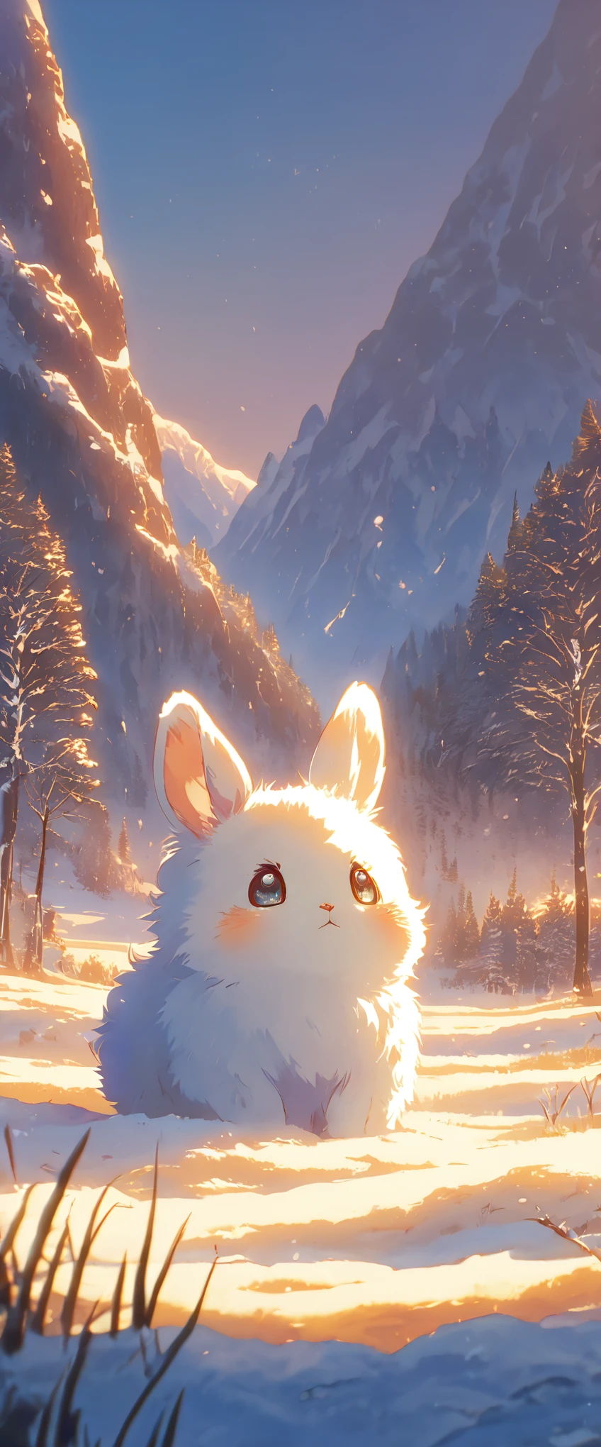 Create a close-up, animated illustration of a fluffy bunny sitting in a field . Emphasize the soft fur, big eyes, and twitching nose of the bunny. The background should be a gentle, highlighting the cuteness and innocence of the babyny, by makoto shinkai, anime beautiful peace scene, beautiful anime scene, anime background art, anime wallpaper, anime countryside , anime art wallpaper 4 k , anime art wallpaper 4k, beautiful anime scenery, anime art wallpaper 8 k, amazing wallpaper , Winter , Snow , cold ,Forest