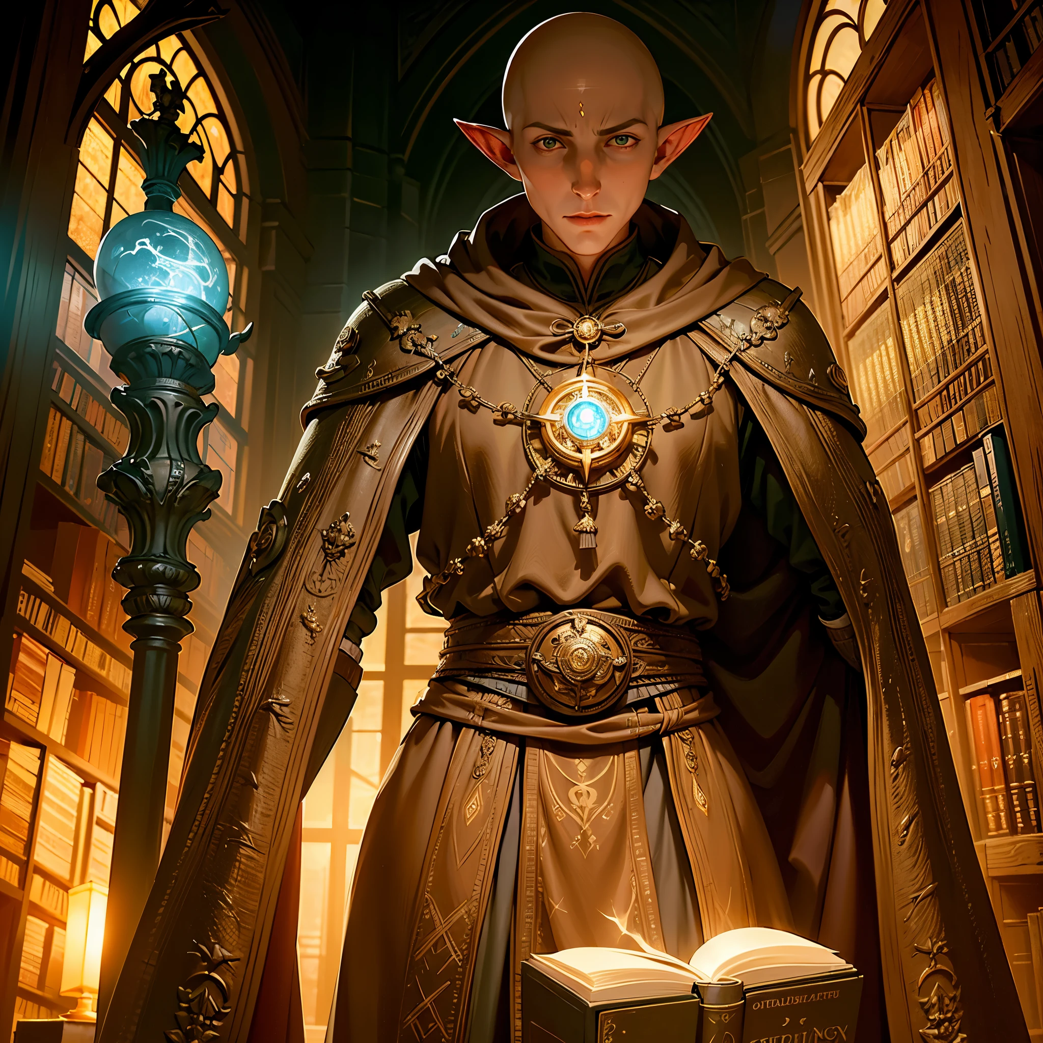 ((ultra detailed, masterpieceabsurdres)) Daithorus, One person, Alone, Bald, pointy ears A dimly lit library filled with ancient books and magical artifacts, Dynamic lighting details book spines and mystical symbols,Solas