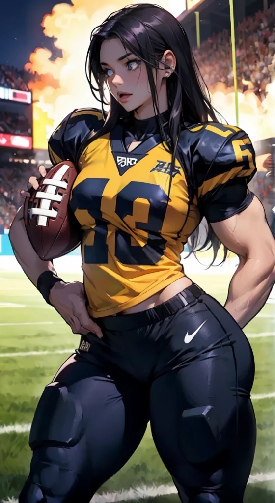 (masterpiece, detailed, realistic), group of young american women, college co-ed’s , young, detailed faces, beautiful faces, (gigantic breasts:1.5), (bursting breasts:1.2), thick, broad, muscular, slim thicc, women’s football team, (confident expression:1.3)