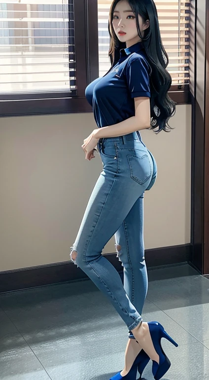 8k HD good quality image. Hot Korean woman has an ideal body, big breast, big butt, sexy wavy body, straight hair, wearing blue tight polo, tight skinny blue jeans, and blue high heels. FULL BODY FROM HEAD TO TOE. FULL HEIGHT FROM HEAD TO TOE. 

The picture must show a complete head to toe picture of the hot Korean