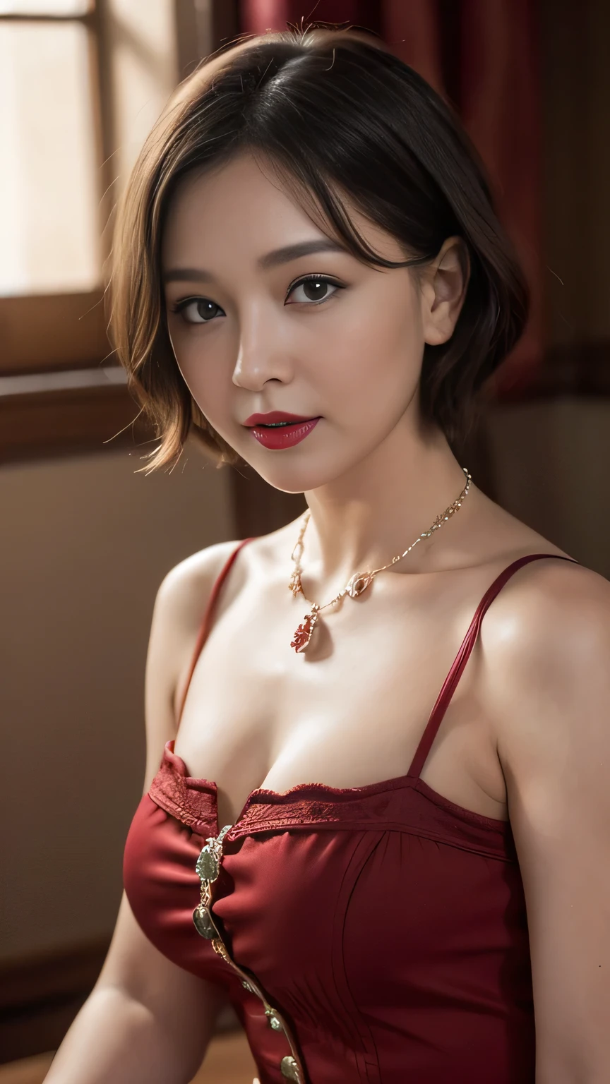 A young woman, baby Face, 40 Years Old, (chubby girl), Red lipstick, sensual Lipstick, Sensational Make up, 
1910s, charming, spirited, playful face, very curly, short hair, fashion 1900,
beauty in vintage dress, red velvet dress, necklace, royal hall background,
fractal patterned dress, centered in frame,
photographer Frank S. Bangs, studio lighting, viral, 1DX Mark III,
Canon EF 85mm f/1.4 L IS USM Lense, shutter speed 1/125,
aperture f/11.0, ISO 100, 8k, HDR, cinematography, photorealistic,
epic composition, cinematic,
depth of field, hyper-detailed,
photoshoot, super-resolution, 1880_dr3ss, 10_dr3ss, , 1900_dr3ss, 1905_dr3ss, 1910_dr3ss, Fortuny