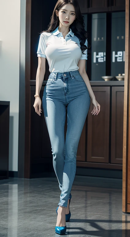 8k HD good quality image. Hot Korean woman has an ideal body, big breast, big butt, sexy wavy body, straight hair, wearing blue tight polo, tight skinny blue jeans, and blue high heels. FULL BODY FROM HEAD TO TOE. FULL HEIGHT FROM HEAD TO TOE. 

The picture must show a complete head to toe picture of the hot Korean