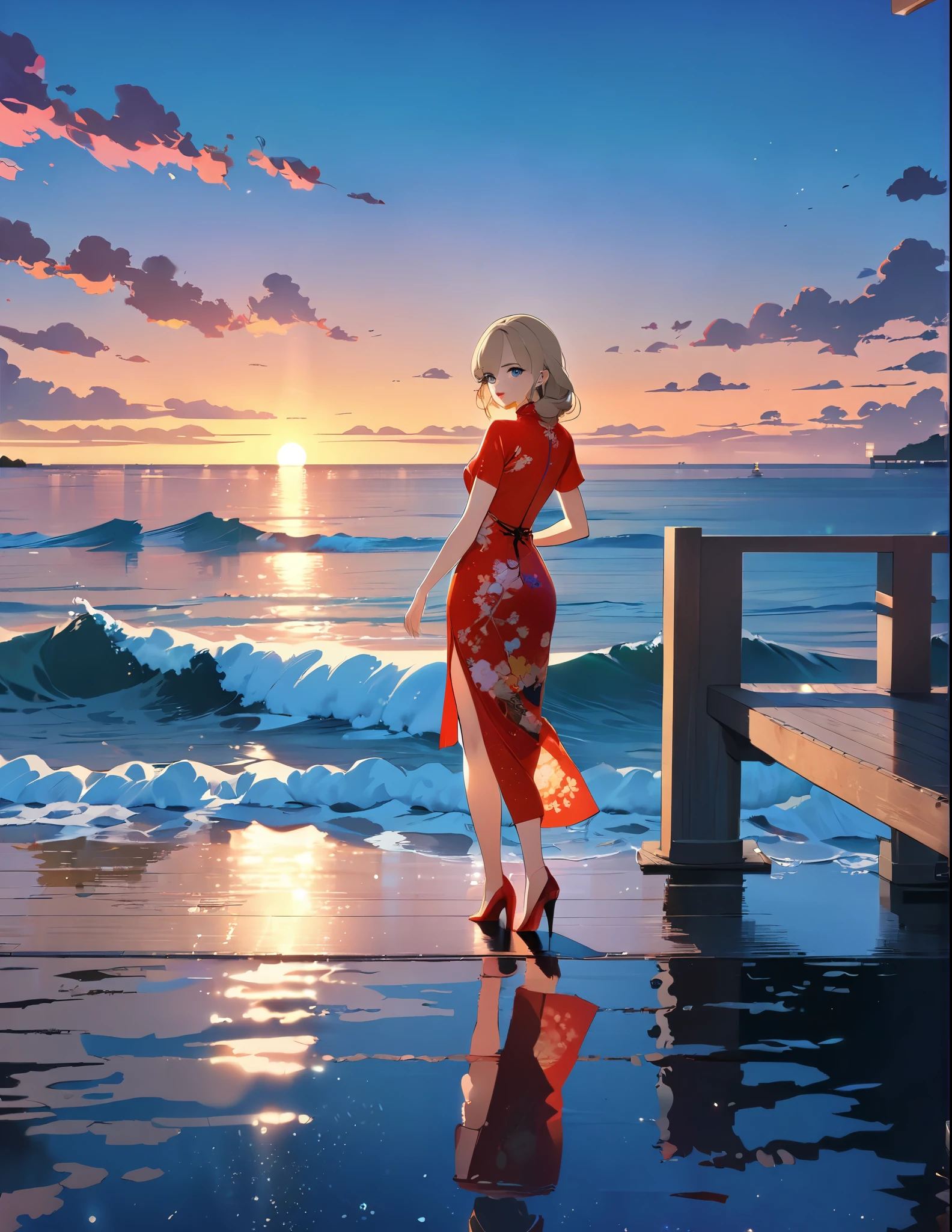 (masterpiece, best quality:1.2), illustration, anime, (wide shot), model shoot, long dark blonde hair, dark blue eyes, pretty lips, beautiful faces, beautiful eyes, Japanese traditional qipao , red high heel, back lighting, standing on pier, (ocean, glittering water surface), waves, scenery summer pier background, vibrant color, sunset, 8K, ultra HD
