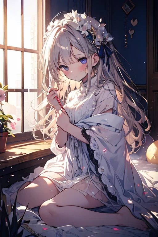 (最high quality,4K,8K,High resolution,masterpiece:1.2),Super detailed,Vibrant colors,Soft Shadows,Beautiful brushwork,Attention to detail,perfect render,rich skin tone,Expressive eyes,Captivating Expressions,Golden shades,Gears in the background,10 years old with long, curly light grey hair, Blue-purple robot eyes, A headband decorated with pearls and violet camellias, White shirt, Floral dark blue hemline、最high quality, High resolution, Very detailed, Detailed Background, Perfect lighting、masterpiece、Best image quality、最high quality、girl , (cryin) , independent , Looking into the camera, masterpiece, Anime art style, Cute Characters, Most detailed, high quality、((cry)))、(missionary, 1boy, penis, lying, vaginale, ass pov, spread legs, Sex, nsfw)、nose blush、steam、Shiny Hair、Very fine and beautiful bright eyes、Very detailed, clear and beautiful face, Awards, Anatomically correct、((missionary position,man on top, spread legs))、((Scared))