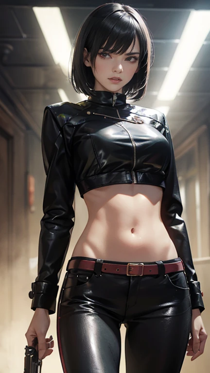 A beautiful 2 British female vampire hunter with short dark black hair, Pale skin, Wearing a black leather jacket crop top, and tight black leather pants, Carrying dual pistols, View from the front, Waist up shot, Dynamic pose, Ambient Lighting, Photographic realism, Intricate facial details, Exquisite handcrafted details, Very detailed, Vibrant colors, Cinematic, High resolution, Trending Style Raw on Artstation