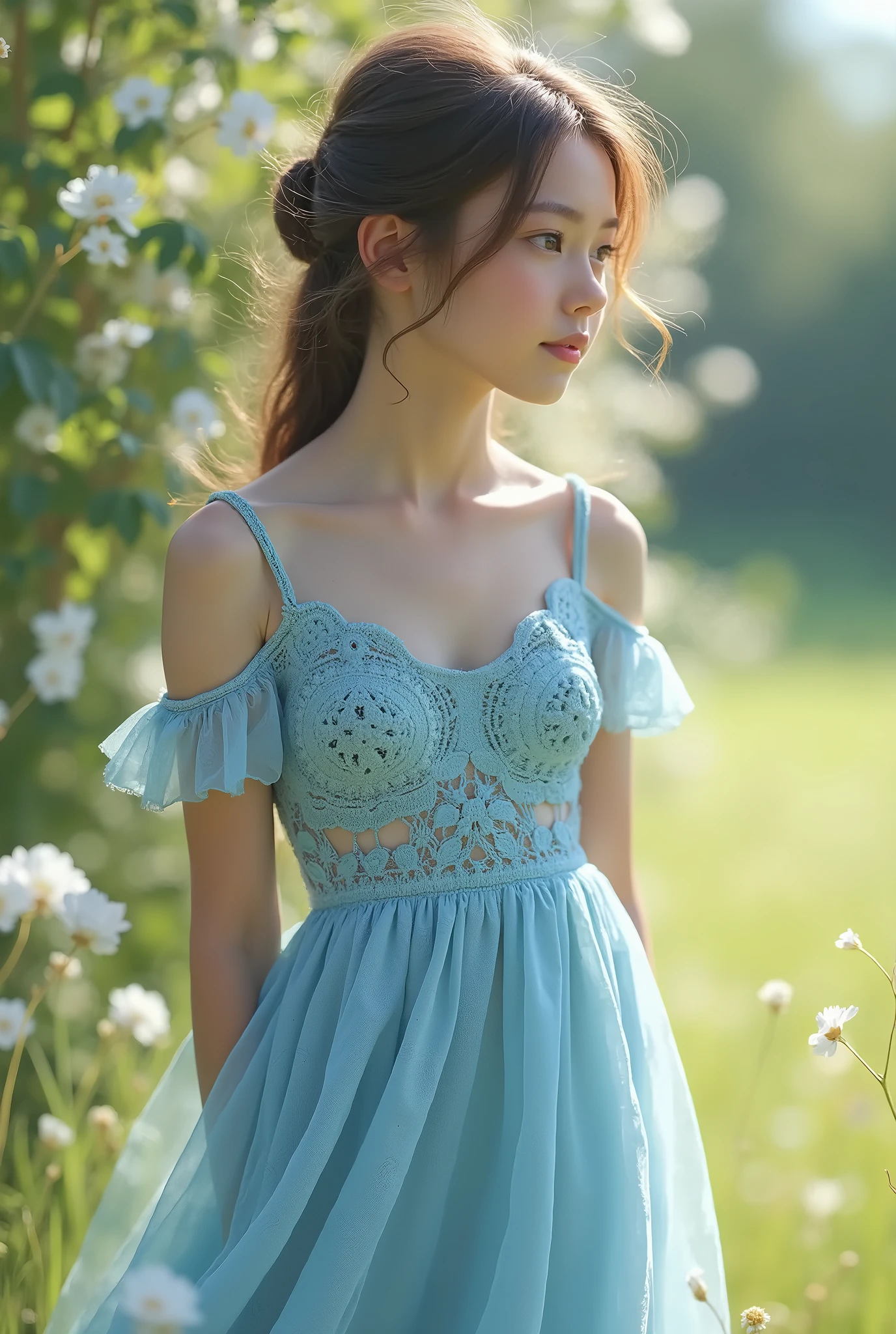 Arafed woman in a blue dress standing in a field of flowers - SeaArt AI