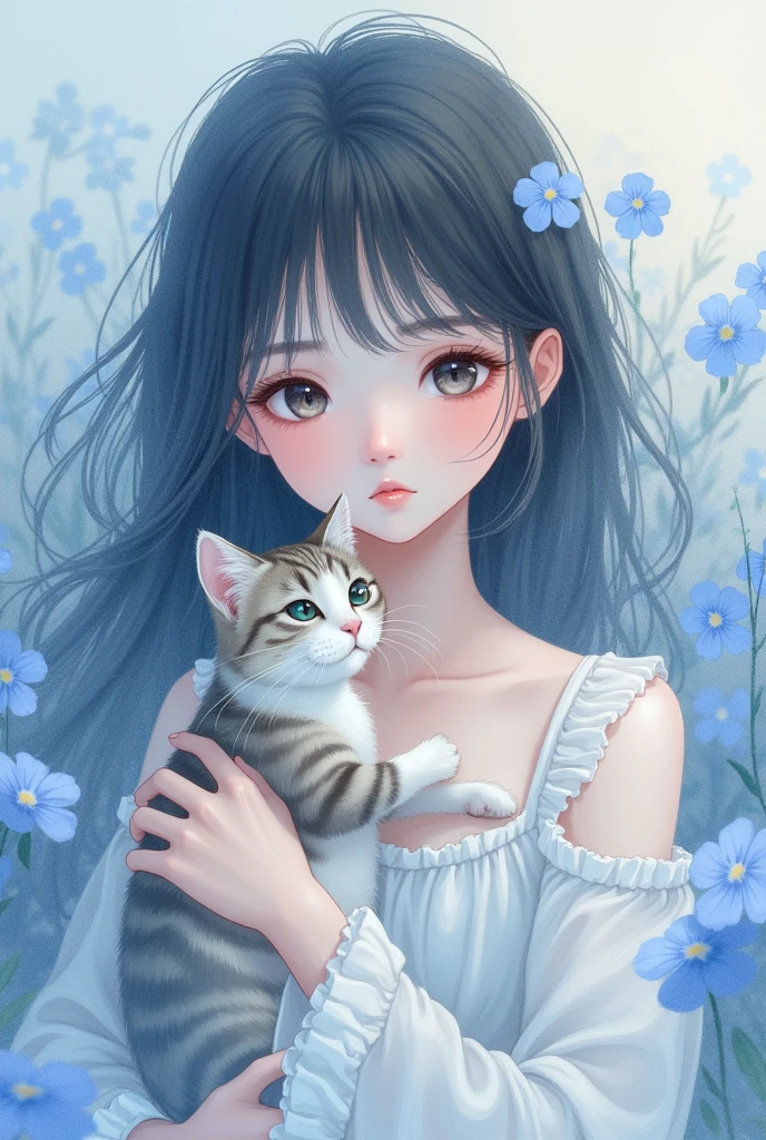 A girl，Silver hair，White dress for summer，blue eyes，Facing the audience，（Character front），Holding a cute little hamster in my arms，uhd, retina, anatomically correct, masterpiece, high details, super detail