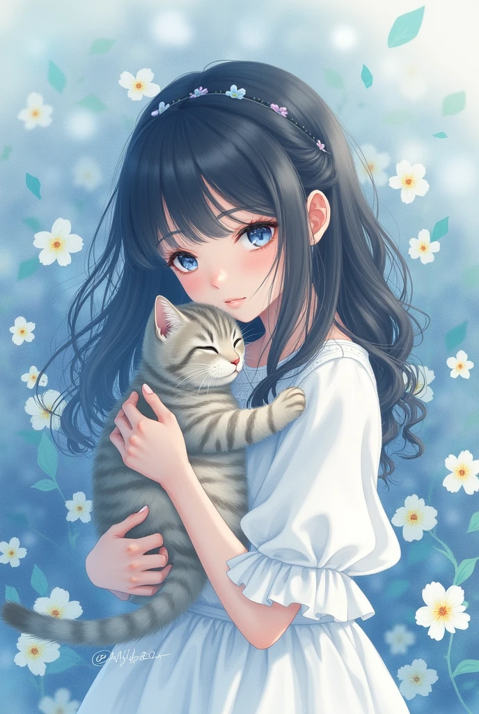 (rough handmade sketch) Attractive, intricate and very detailed line art, watercolor illustration of female head with ornament made of flowers, holding a cat, floral kimono, tetradic color, colorful and highly detailed dark brown eyes, beautiful eyes, hazelnut colored eyes, black hair, glowing long hair, perfectly centered image, (white background with watercolor splash), Focus on face line, (((dripping watercolor)) ink contour, 32K, highest quality