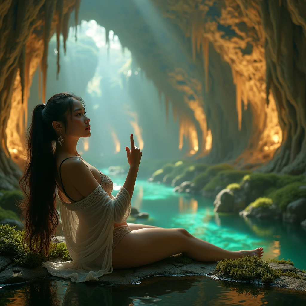 River in the cave、A girl bathing backwards、Long black hair、Slim body、Highly exposed、