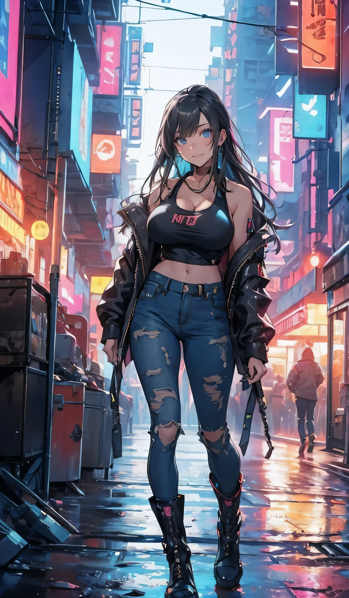 ((Big Breasts,cyberpunk,jacket,Tank tops)),beautiful, masterpiece, Best Quality,Beauty, Look at the viewers,smile,boots,Smiling,Facing forward,neon lights,Live House,alley,Short denim pants