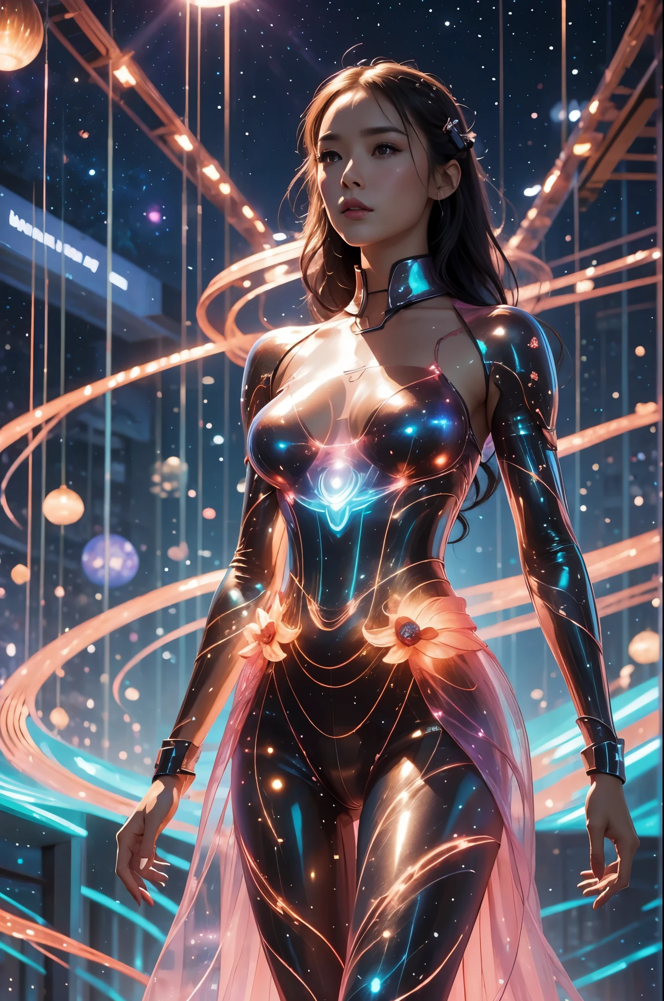 An ultra hot gorgeous thai woman, long dark flowing hair, known as a popular playmate and men's magazine model, portrayed as a fierce female space ranger in a dynamic action pose. She is dressed in a sleek, form-fitting pink space suit with futuristic details, standing confidently with a laser blaster in hand against a backdrop of stars and galaxies in the vast cosmic expanse. The lighting accentuates her features and adds a sense of drama to the scene.
