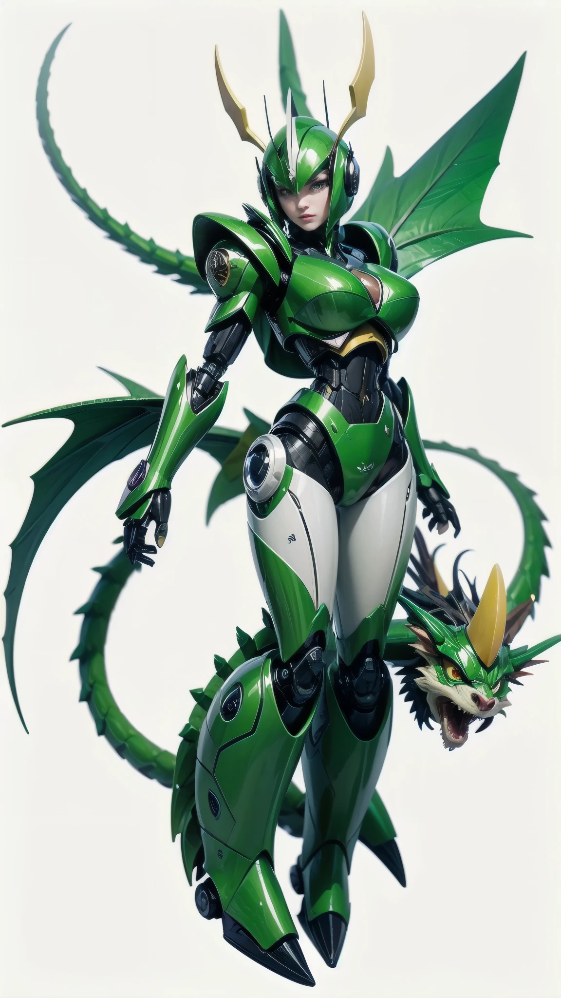 a cartoon of a green and white dragon with a yellow and green tail, robotic anime mixed with organic, reploid beetle, omegamon concept art, # mecha, wick wings, full of insect robots, humanoid form, full body mecha  bodysuit, Pterodactyl wick, mecha  bodysuit, a big anime mecha robot, PERSEPHONE, Persephone, Persephone, (SFW:1.5) Hyperrealistic