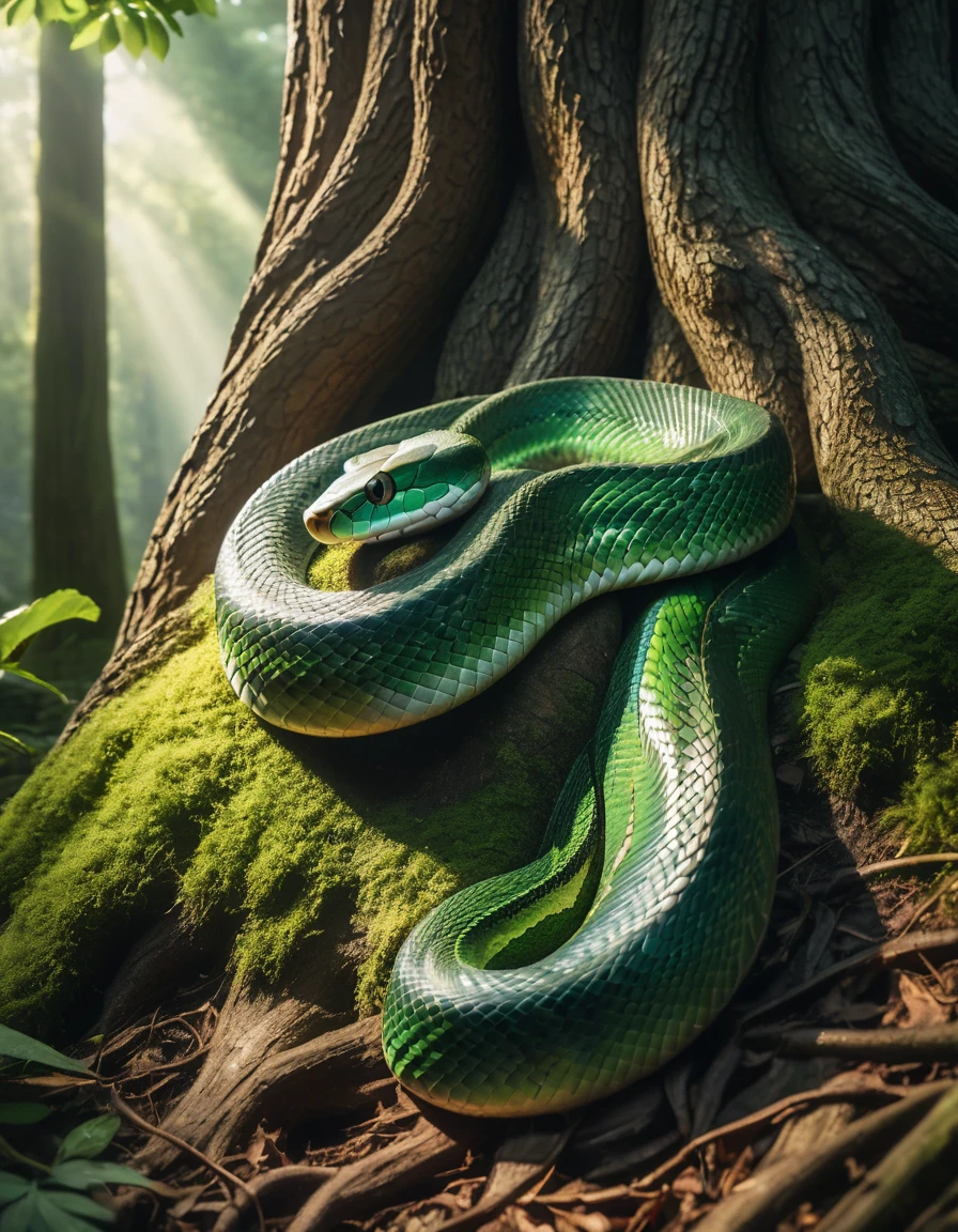 A majestic green snake coils around the gnarled trunk of a ancient tree, its scales glistening in intricate detail as sunlight filters through the leaves above, casting dappled shadows on the forest floor below. The camera zooms in on the serpent's textured skin and the tree's rough bark, showcasing every twist and turn in razor-sharp 8K resolution.