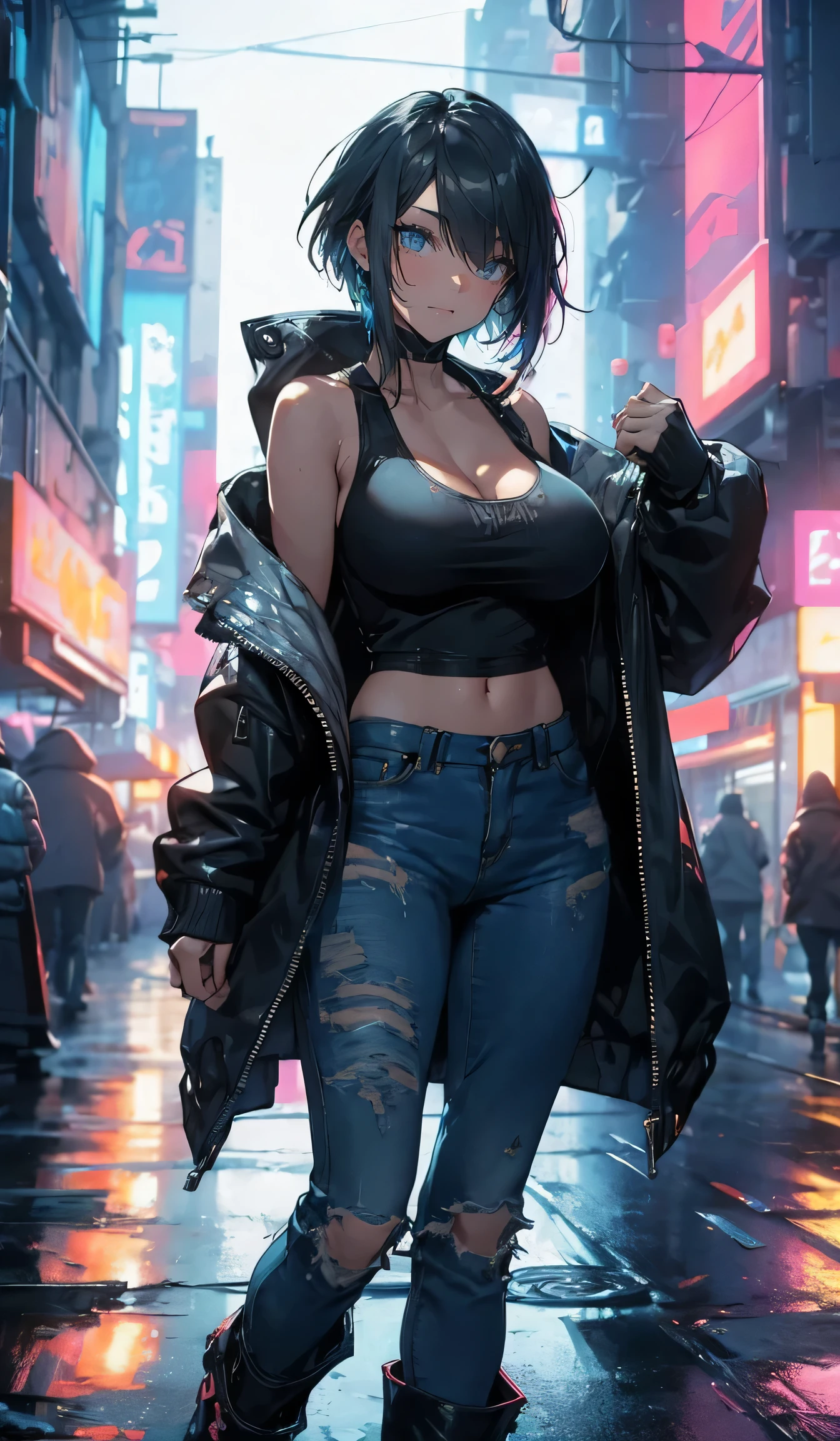 ((Big Breasts,cyberpunk,jacket,Tank tops)),beautiful, masterpiece, Best Quality,Beauty, Look at the viewers,smile,boots,Smiling,Facing forward,neon lights,Live House,alley,Short denim pants,Short Hair,rain,豪rain,Squall