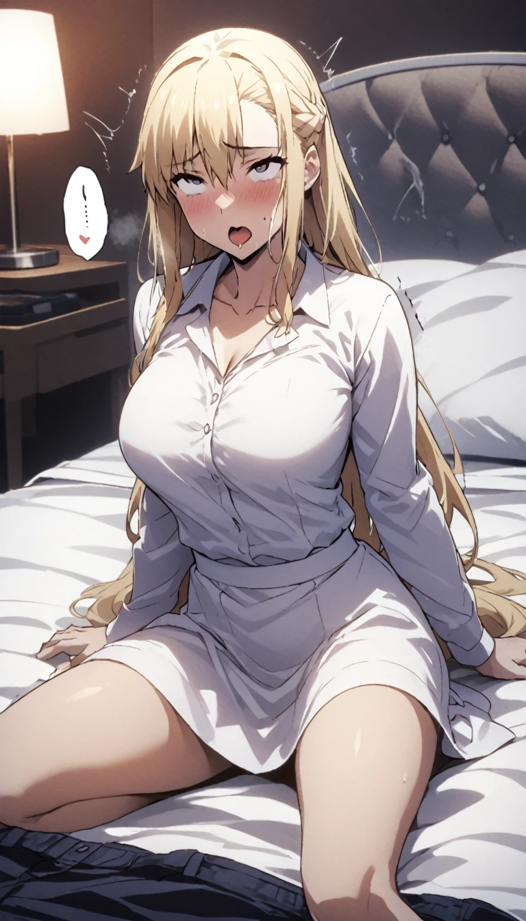 Game goddess of victory nikke, Rapi, white tight unbutton shirt with cleavage , light brown hair colour , cute face, no pants, bewitching thighs, long hair, g cup breast, on the bed , alluring eyes , seducing pose , slender waist , expose leg , sexy 