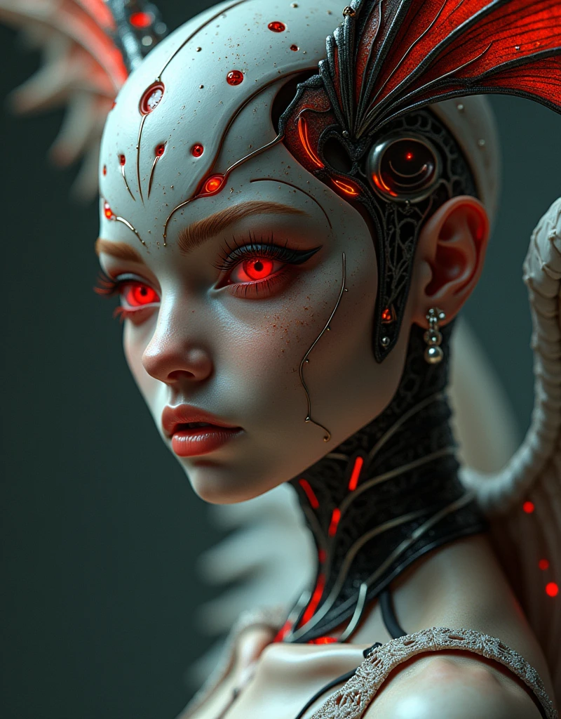 Complex 3d Rendering Ultra Details Beautiful Death Angel, Biomechanical Cyborg, Analog 150mm Lens, Beautiful Natural Soft Rim Light, Neon Vain, Roots, Fine Leaf Lace, Colorful Details, Boris Bidjan Saberi Costume, Pearl Earrings, Art Nouveau Fashion Embroidery, Intricate Details, Mesh Wire, Mandelbrot Fractal, Facial Expression Muscles, Cable Wire, Microchip, Badass, Hyperrealistic, Ultra High Definition, Octane Rendering, Volumetric Lighting, 8K Post-Production, Red and White with a Little Black, Elaborate Metallic Bones, Semi-Human, Iridescent, Glenn Brown Style Futuristic Room, Power of God, High Angle Shot , complex body poses