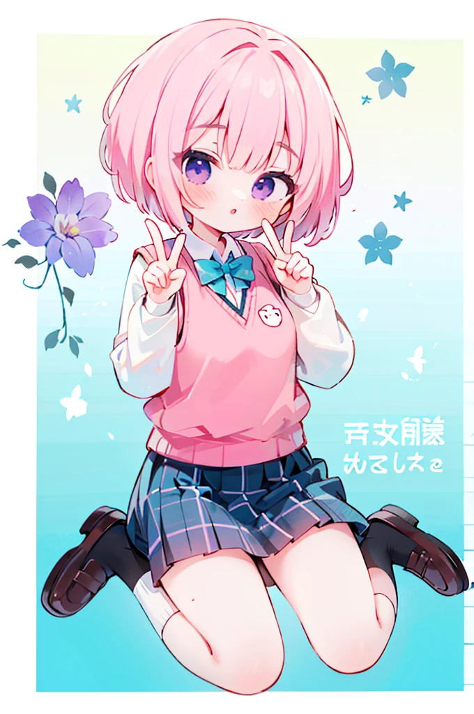 Ph Momo, Peaches, ふPeaches, alone, One girl, Pink Hair, Purple eyes, short hair, Hair Flower, Sweater vest, school uniform, Big eyes, Checked skirt, Black knee socks,Making a peace sign, Embarrassing