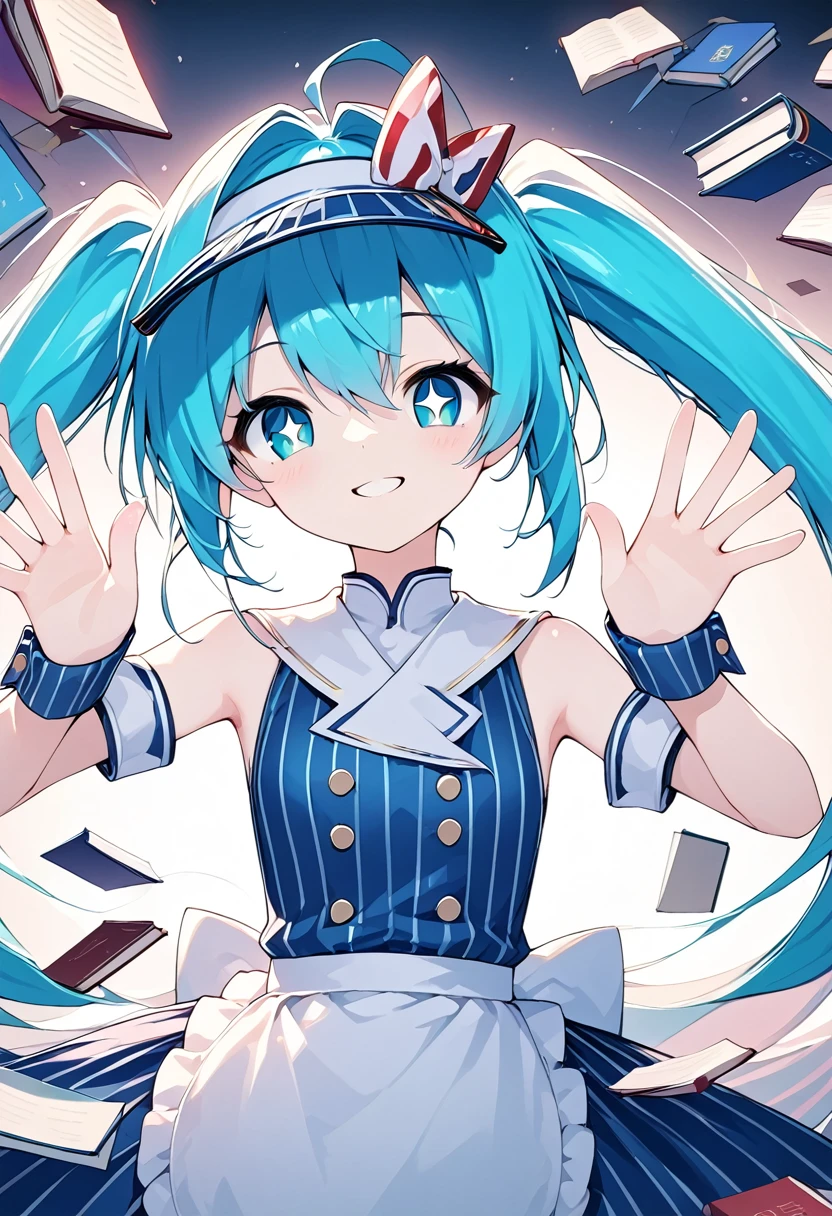 Best Quality, masterpiece、One girl, Alone,hatunemiku、Hatsune Miku、Mesmerizer 、2D Animation、smile, (Diamond-shaped pupil)Blue vertical striped dress, Waist Apron Visor Cap, Wrist cuff,(The number of fingers５Books、Perfect fingers, Perfect Anatomy)