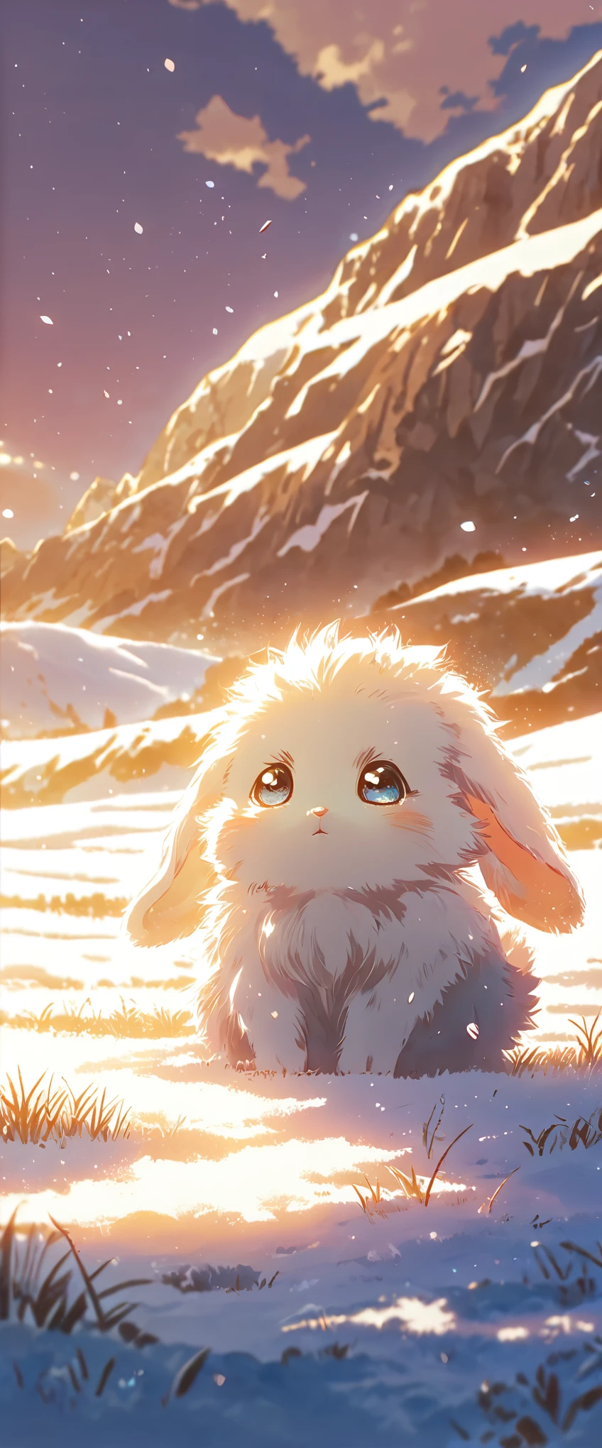 Create a close-up, animated illustration of a fluffy baby bunny sitting in a field . Emphasize the soft fur, big eyes, and twitching nose of the bunny. The background should be a gentle, highlighting the cuteness and innocence of the baby bunny, by makoto shinkai, anime beautiful peace , beautiful anime scene, anime background art, anime , anime countryside , anime art 4 k , anime art  4k, beautiful anime scenery, anime art 8 k, amazing  , Winter , Snow , Cold 