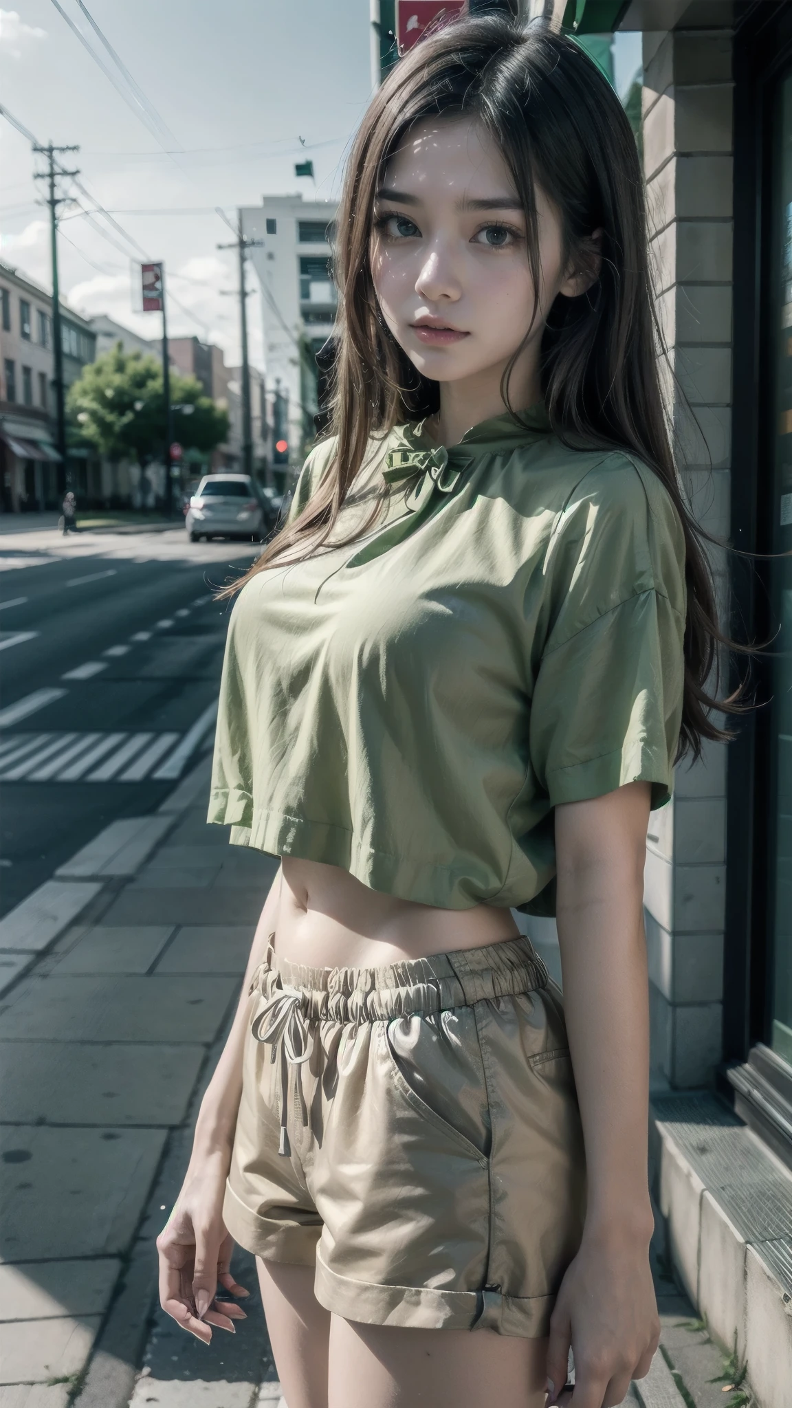 A woman in a green blouse and beige shorts standing on the sidewalk, female Anime Character, I'll make fanart too, cushart krenz arte chave feminino, Anime Character, Anime Character estilo,  anime girl, Portrait of an anime heroine, made with anime painter studio, detailed Anime Character art, high quality anime art style, jrpg character, (best quality real texture skin), Detailed eyes, detailed face, PERSEPHONE, Persephone, Persephone, (SFW:1.5) Hyperrealistic