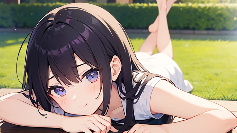 Highest quality,masterpiece, best resolution, nsfw, 1 girl, (nude), (flat chest:2.0),nipple,shaved pussy,arms behind back,outdoor,poolside, smile, standing, face viewer, horse ears, horse tail, Hokko Tarumae