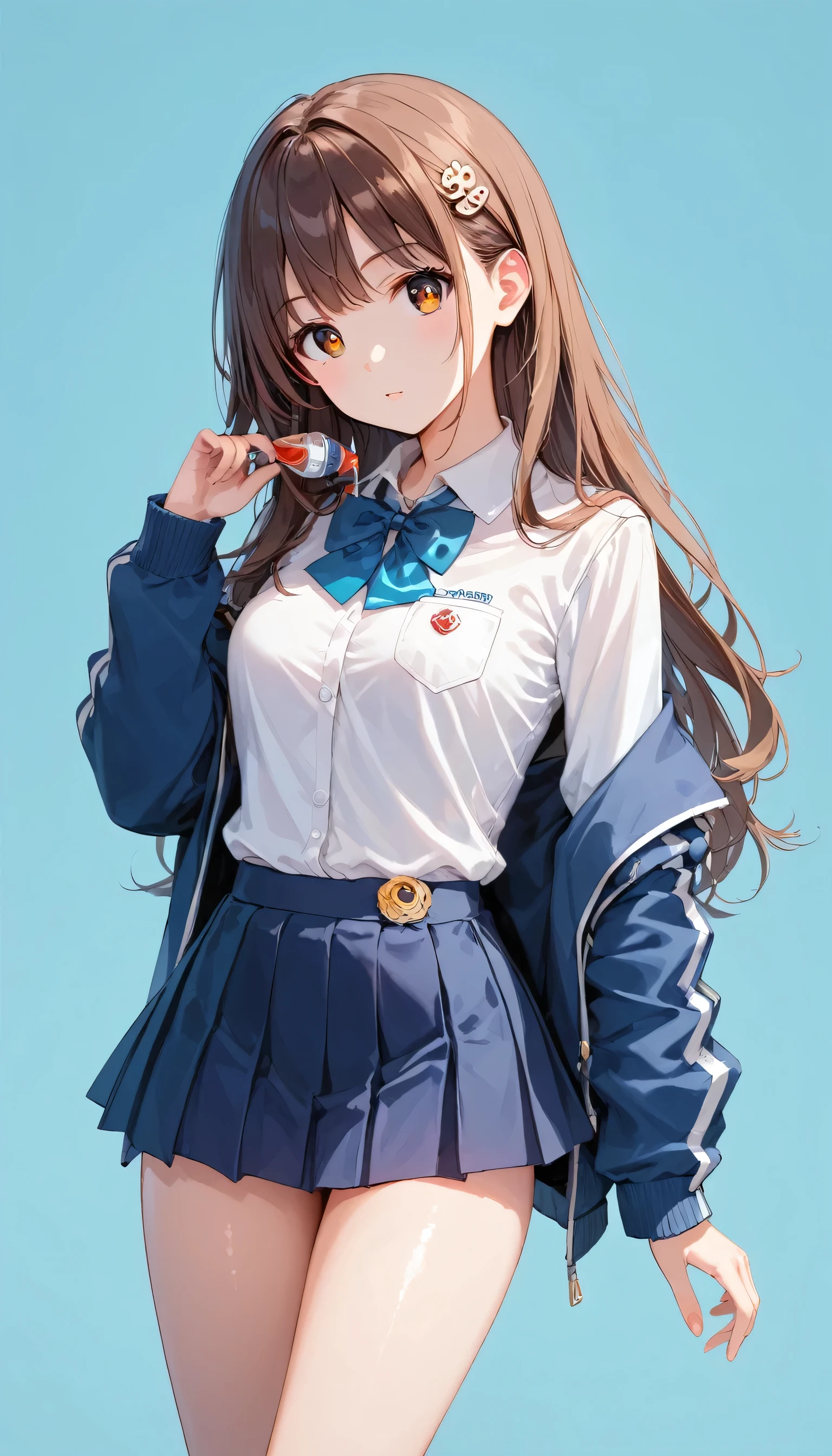 Score_9, Score_8_superior, Score_7_superior,sauce_anime, High-resolution images,masterpiece,Best Quality,girl,Cute Face,Beautiful Skin,Shiny Hair,Highly detailed eyes,Simple Background, Jojipan, Brown Hair,Long Hair,mini skirt, elementary school student, Small body(White skin)、(Beautiful Skin)、(Slim body)、(Thin legs)、