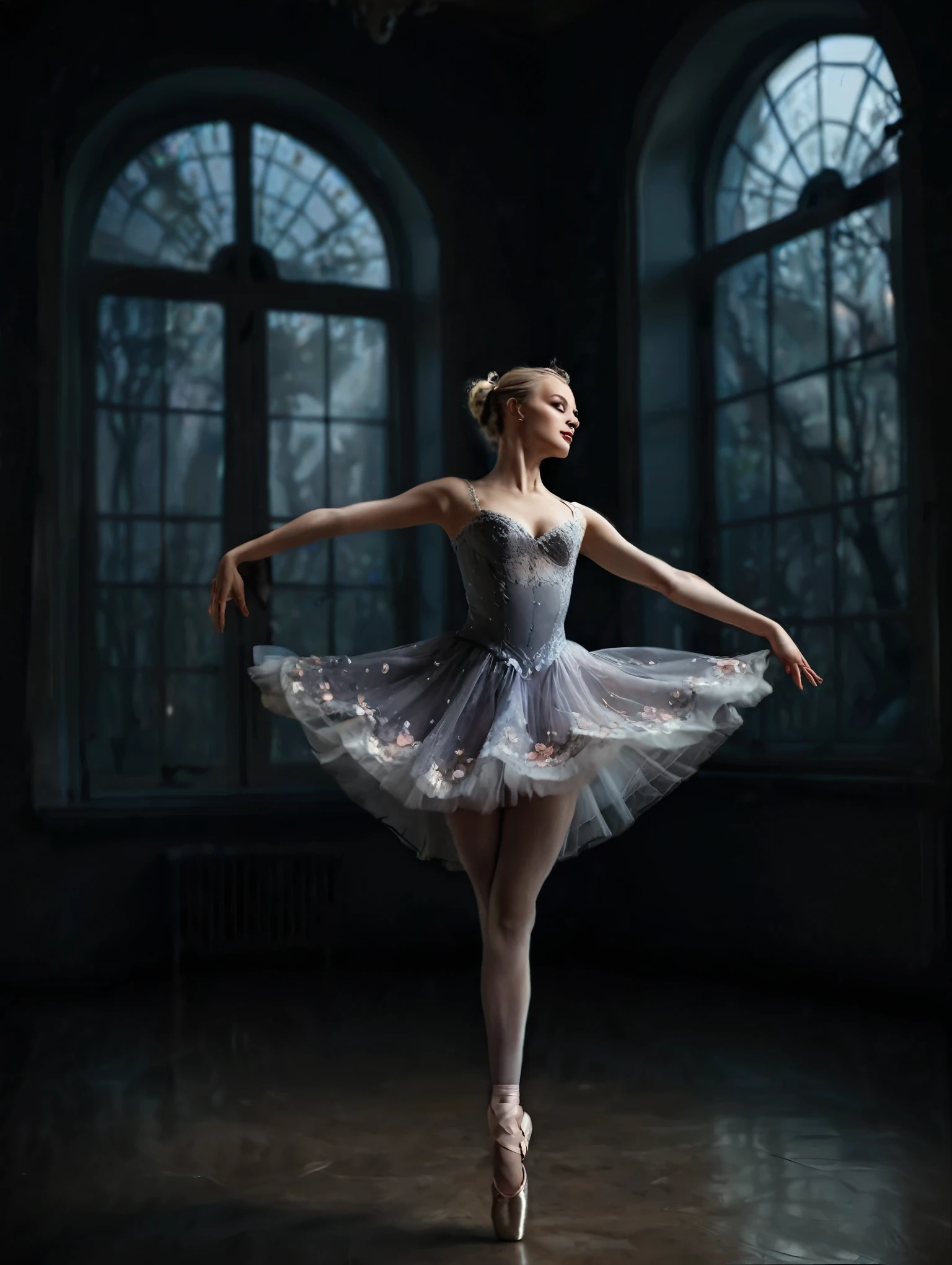 A poetic and visually captivating scene. The picture shows a beautiful blonde Russian dancer, medium breasts with delicate makeup and light eyes, wearing a grey lace dress (the dress has a corset, petal designs and a short skirt). She is dancing ballet alone in a dark room, illuminated by the moonlight coming through a large window. The ballet slippers she is wearing are white., which highlights her figure and her angelic face.  This description transports us to a magical and romantic atmosphere., where the dancer is in the center of the room, expressing their art and grace through dance. The combination of the darkness of the living room, The moonlight and the elegance of the dancer create a visually striking image full of beauty.